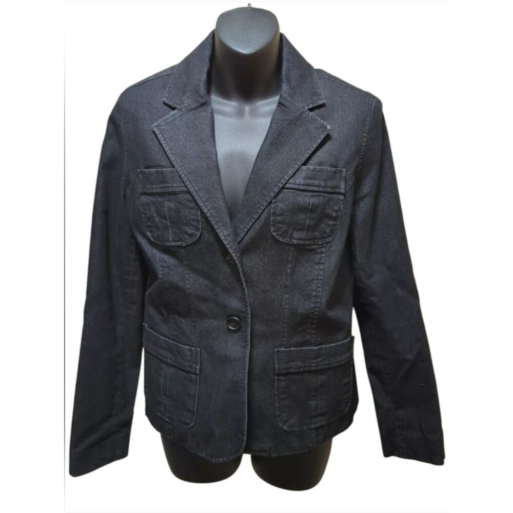 Attention Women's Dark Wash Black Military Inspired Denim Coat Size 10 GUC